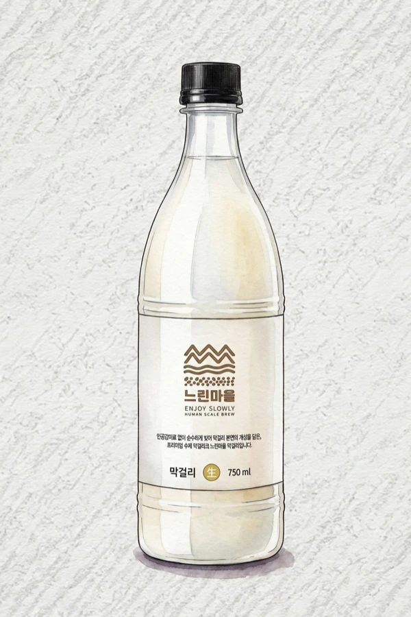 Neurinmaeul Makgeolli — Korean Makgeolli, Gyeonggi, 6% ABV, 750ml. Silky rice consistency, Mild lactic freshness, Calm ambient sweetness, Brief grain echo finish