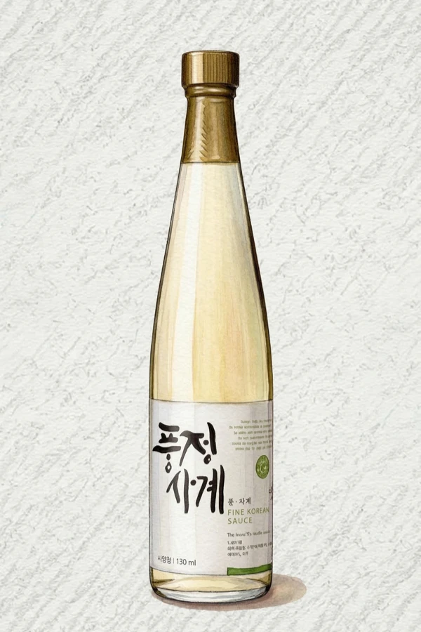 Pungjeong Sages Chun (Spring) — Korean Fruit Wine, Chungcheongbuk, 15% ABV, 500ml. White peach, Osmanthus flower, Powdered sugar dusting, Nutty finish