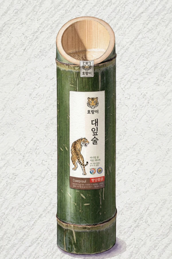 Daetong Bamboo Leaf Wine — Korean Traditional Drink, Jeonnam, 15% ABV, 700ml. Pine needle, Citrus peel warmth, Goji earthiness, Kudzu oil, Bitter-herb tail