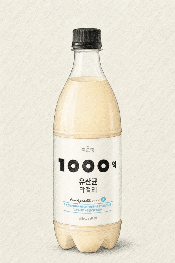 1000eok Yusangyun Makgeolli - Korean Makgeolli, Gangwon, 5% ABV, 750ml. Clean yogurt aroma, Yakult-like lactic tang, Silky light body, Crisp palate-cleansing finish