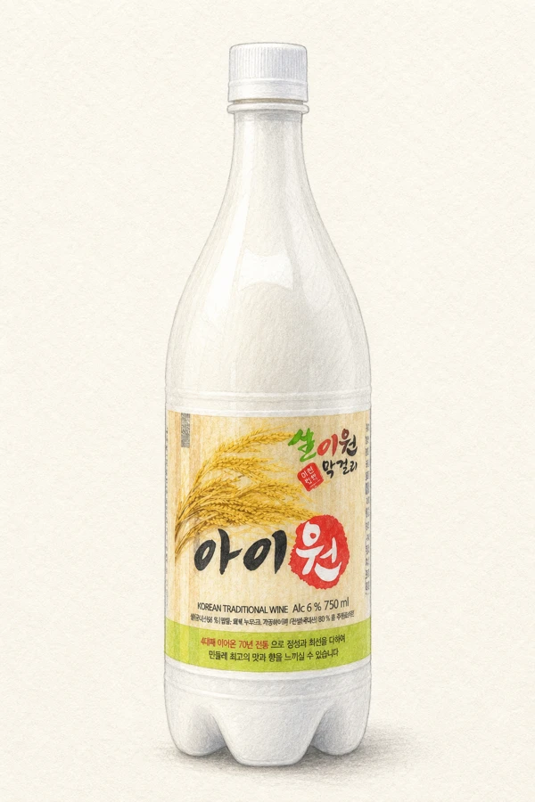Aiwon Makgeolli - Korean Makgeolli, Chungcheongbuk, 6% ABV, 750ml. Wheat flatbread warmth, Dual-starter complexity, Gradual leveling sweetness, Gently toasty grain fade