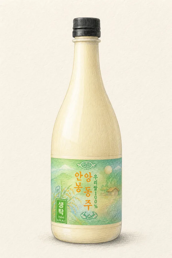 Anyang Dongdongju - Korean Makgeolli, Jeonnam, 6% ABV, 1700ml. Sticky rice sweetness, Injeolmi (rice cake), Milky, Grainy texture
