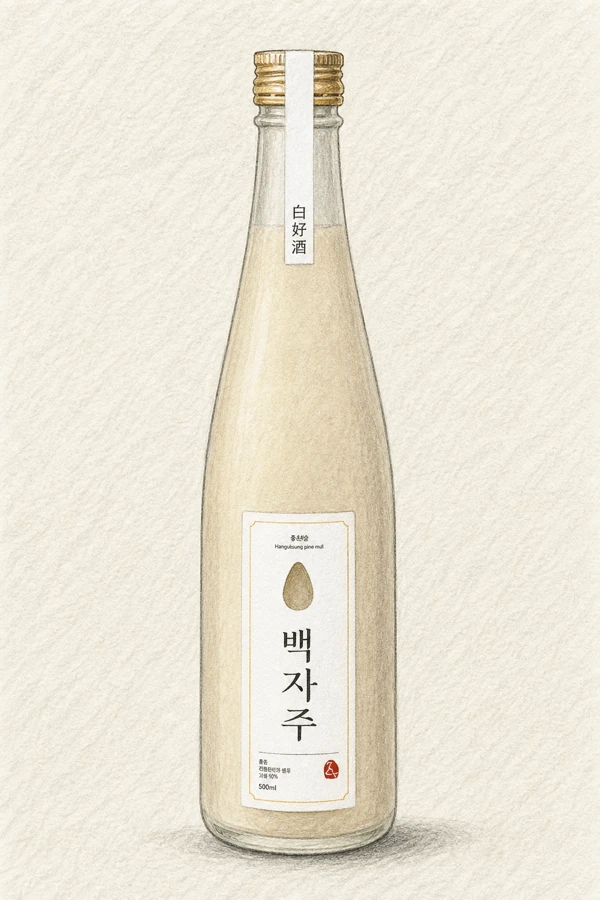 Baekjaju - Korean Traditional Drink, Gangwon, 10% ABV, 500ml. Pine-nut oil richness, Dual-rice satiny body, Buttery tongue-coating texture, Warm resinous grain finish