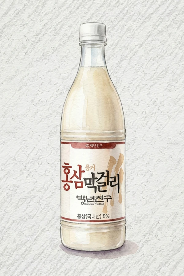 百年友 豊基 紅参 マッコリ - マッコリ, 慶尚北道（キョンブク）, 6% ABV, 750ml. 紅参の土っぽさ, 温かいピリッと感, 薬草の苦味, クリーミーな吸収力
