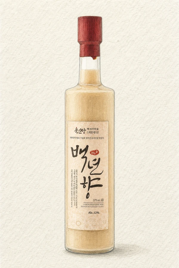 Baengnyeonhyang - Korean Makgeolli, Gyeonggi, 10% ABV, 500ml. Warm steamed rice and dried jujube, Lactic haze on the nose, Honey rice-porridge building sweetness, Plush generously creamy body, Mellow rice-starch warmth on finish