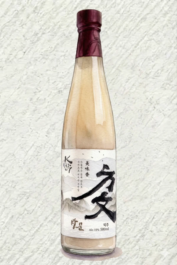 방문주 탁주 - 막걸리, 전북, 15% ABV, 500ml. 구운 떡 향, 커스터드 같은 바디감, 따뜻한 계피향 피니시, 꿀떡 단맛, 은은한 곶감 향