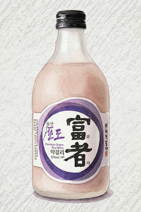 부자 송산포도 - 막걸리, 경기, 9% ABV, 375ml. 잘 익은 거봉 포도즙, 누룩 드라이 흙내 여운, 즙 많은 베리 과일 단맛, 곡물 탁주 골격