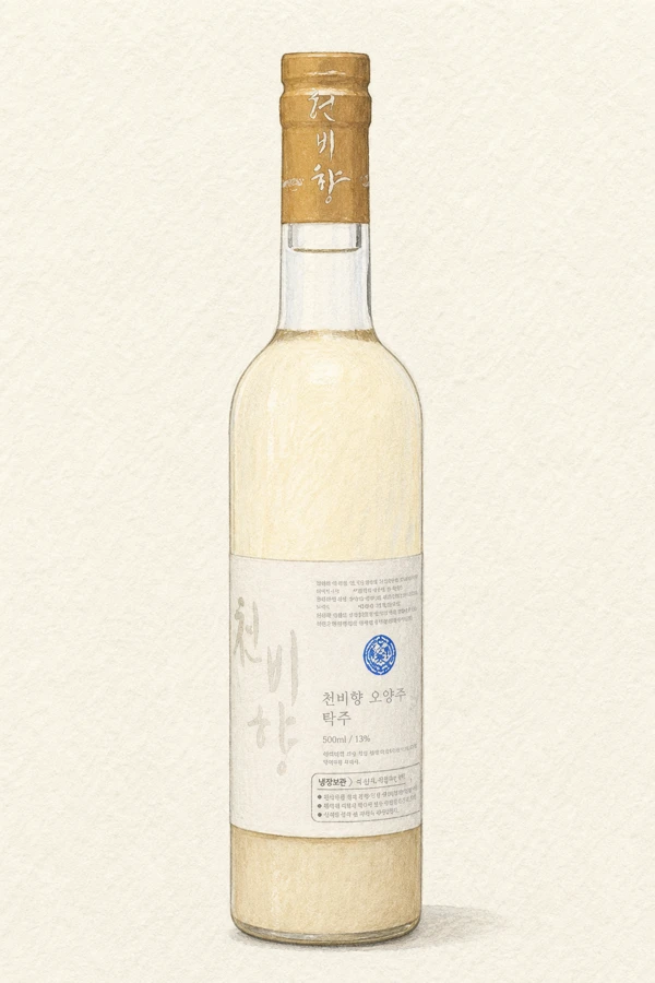 Cheonbihyang Oyangju Takju - Korean Makgeolli, Gyeonggi, 14% ABV, 500ml. Concentrated caramelized rice, Dried date and persimmon, Chewy thick body, Very long warming spiced finish