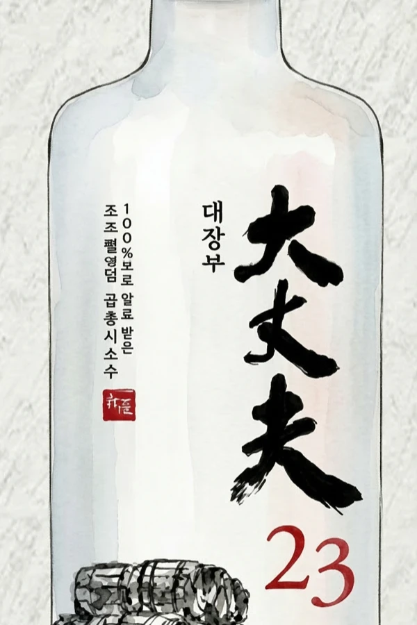 대장부23 - 소주, 경북, 23% ABV, 375ml. 깔끔한, 부드러운
