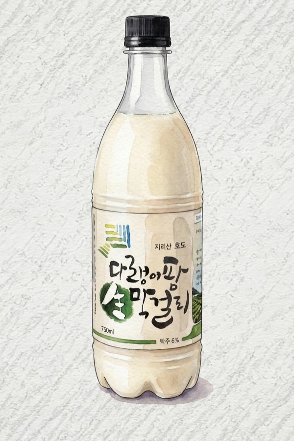 다랭이팜 생막걸리 - 막걸리, 경남, 6% ABV, 750ml. 찐 쌀과 생반죽, 야생화 테루아 뉘앙스, 고소함 쪽으로 기운 균형 잡힌 단맛, 가벼운 크리미 바디, 깔끔한 전분질 피니시