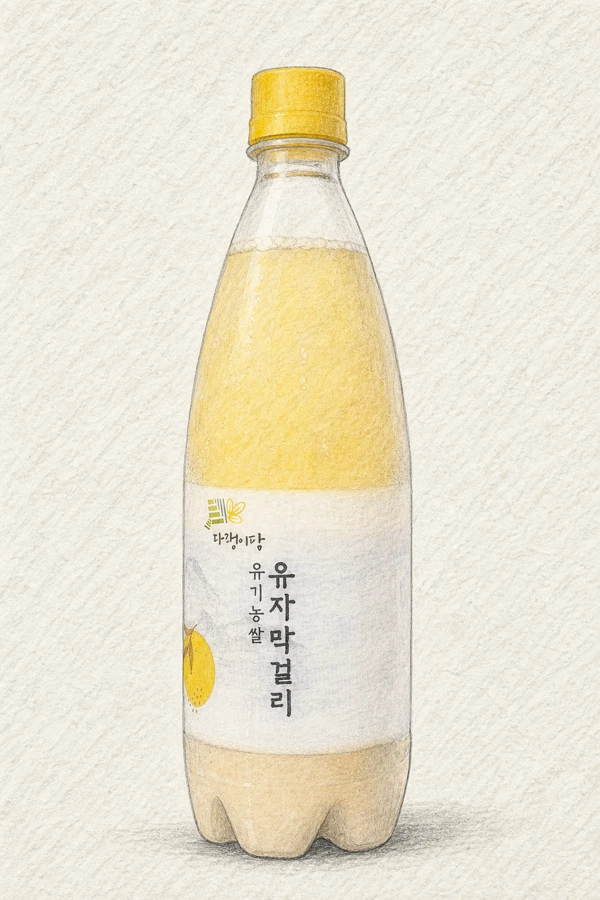 Daraengipam Yuzu Makgeolli - Korean Makgeolli, Gyeongsangnam, 6% ABV, 750ml. Fresh yuzu zest burst, White flower honey backdrop, Lemony acidity spine, Silky medium-light body, Lingering citrus oil finish