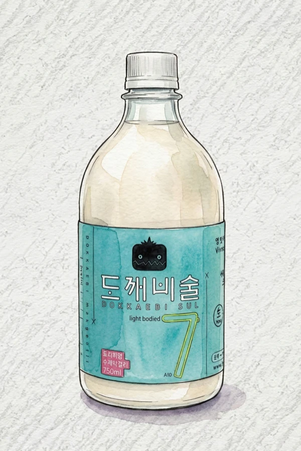 Goblin Liquor 7 - Korean Traditional Drink, Chungcheongbuk, 7% ABV, 750ml. Fresh steamed rice, Faint floral yeast note, Savory-leaning restrained sweetness, Limestone mineral finish