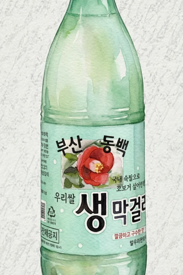 Dongbaekuri Rice Fresh Makgeolli - Korean Makgeolli, Busan, 6% ABV, 750ml. Sweetened condensed milk aroma, Toasted wheat hint, Candy-like pronounced sweetness, Subtle carbonation lift, Short clean grain finish