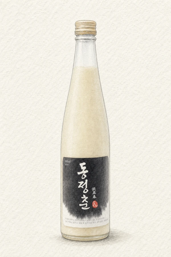 Dongjeongchun - Korean Traditional Drink, Gangwon, 8% ABV, 500ml. Sourdough rice whisper, Pear-skin ester trace, Mellow unhurried grain, Mountain-water mineral dry finish