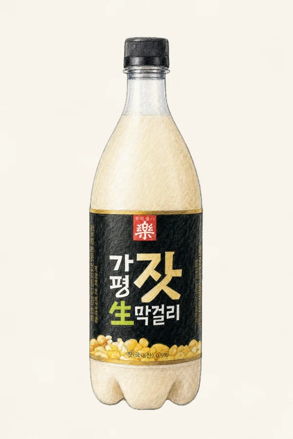 가평 잣 생막걸리 - 막걸리, 경기, 6% ABV, 750ml. 잣기름 버터감, 정백미 향, 약간의 송진 같은 견과류 피니시, 혀 안쪽에 맴도는 기름진 풍미