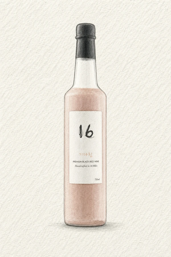 Gidarim 16 - Korean Fruit Wine, Busan, 9% ABV, 750ml. Mulberry jam and dark cherry, Black rice anthocyanin earthiness, Boysenberry and dark chocolate layers, Plush slightly viscous body, Dried cranberry tannic finish