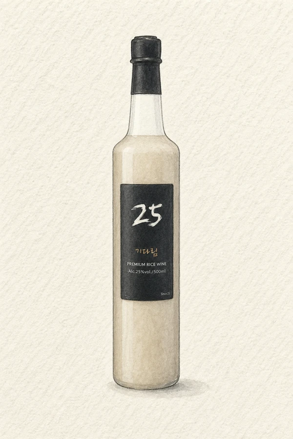 Gidarim 25 - Korean Traditional Drink, Busan, 8% ABV, 750ml. Warm barley tea aroma, Rounded medium body, Clean grain sweetness, Quiet savory mid-palate, Toasted sesame warmth on finish