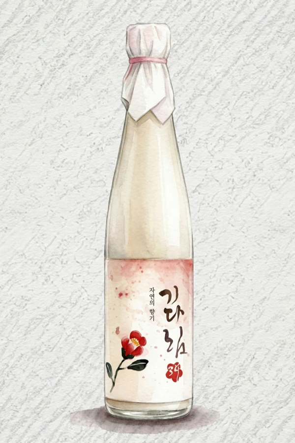 Gidarim 34 - Korean Fruit Wine, Busan, 12% ABV, 500ml. Lychee and pear blossom aroma, Ripe Asian pear sweetness, Satiny medium body, Gentle tannic grip, Honey and floral lilt on finish
