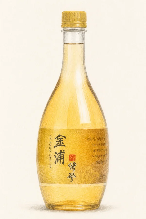 Gimpo Yakju - Korean Cheongju, Gyeonggi, 11% ABV, 750ml. Wheat cracker, Green grape freshness, Dry cider-like acidity, Yogurt tang exit