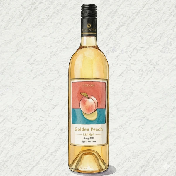고도리 복숭아와인 - 과실주, 경북, 6.5% ABV, 750ml. 과일향, 달콤한