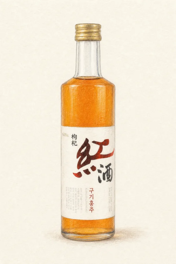 Gugihongju 360 - Korean Traditional Drink, Chungcheongnam, 14% ABV, 360ml. Dried goji berry, Hay-like maekmundong, Berry warmth, Rose-amber hue
