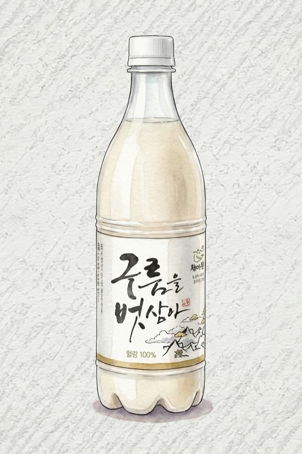 구름을 벗삼아 - 막걸리, 경북, 12% ABV, 750ml. 밀누룩 발효취, 떡같은