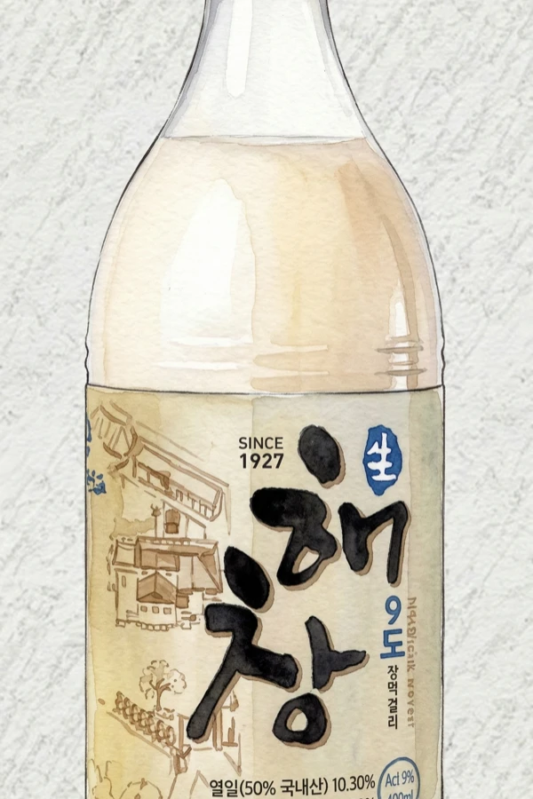 ヘチャンマッコリ 9度 - マッコリ, 全羅南道（チョンナム）, 9% ABV, 900ml. 蜂蜜穀物, もっちりとした