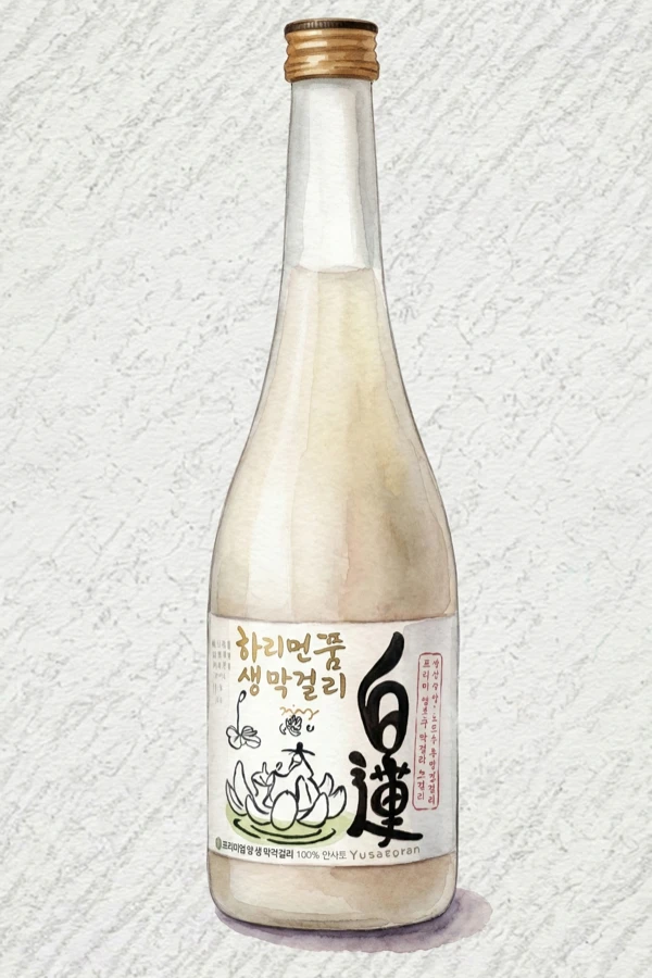 Hayan Lotus Baekryeon Fresh Makgeolli - Korean Makgeolli, Chungcheongnam, 7% ABV, 375ml. White lotus, Cool floral, Vegetal undertone, Fuller rice body