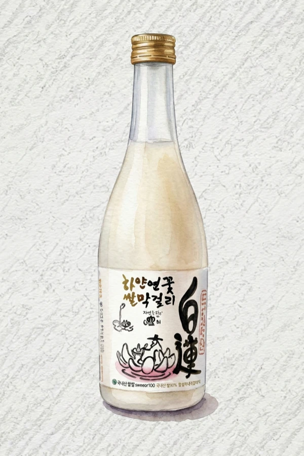 Hayan Lotus Baekryeon Makgeolli - Korean Makgeolli, Chungcheongnam, 7% ABV, 375ml. Dried lotus herb, Structured finish, Consistent creaminess, Rounded grain
