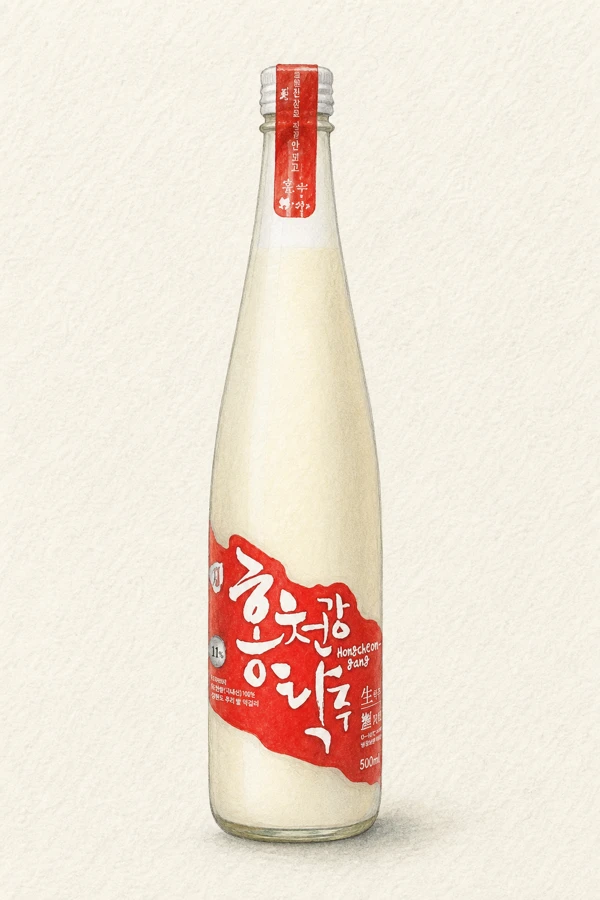 Hongcheongang Takju - Korean Makgeolli, Gangwon, 11% ABV, 500ml. Wheat nuruk bread-dough earthiness, Hongcheon rice cold-climate sweetness, Barley-tea creamy intensity, Steady warm grain carryout