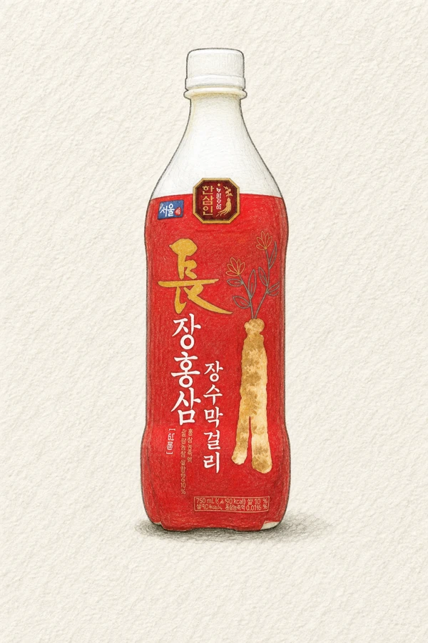 Janghongsam Jangsu Makgeolli - Korean Makgeolli, Chungcheongbuk, 6% ABV, 750ml. Earthy ginseng root aroma, Warm honey and rice cream, Bitter-herbal red ginseng mid-palate, Warming lightly medicinal finish, Lingering ginseng depth