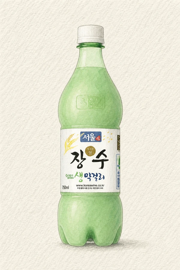 Jangsu Fresh Makgeolli - Korean Makgeolli, Chungcheongbuk, 6% ABV, 750ml. Ginseng-earthy, Mild bitter