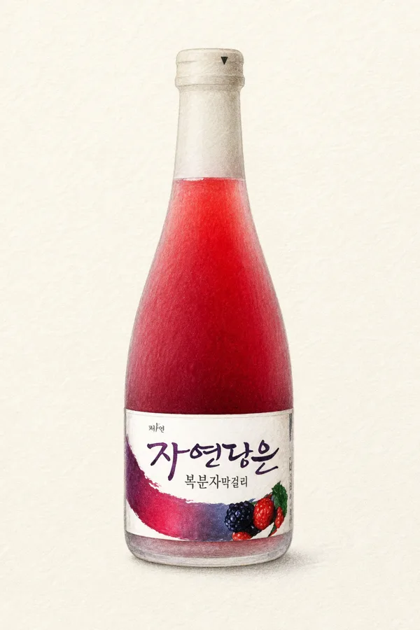 Jayeondameun Black Raspberry Makgeolli - Korean Makgeolli, Jeonbuk, 6% ABV, 360ml. Black raspberry compote, Jammy, Tart berry finish, Creamy rice