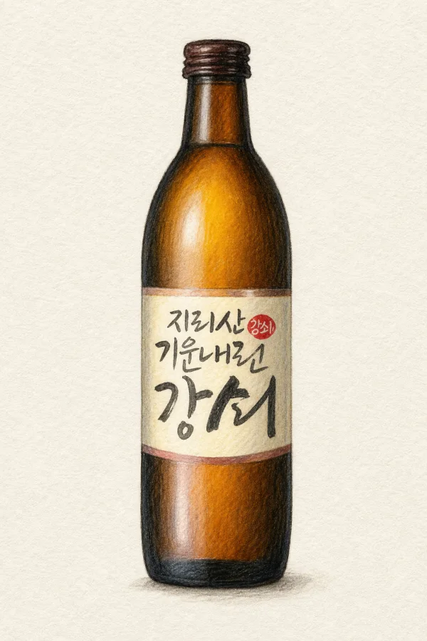 Jirisan Gangsoe - Korean Cheongju, Jeonbuk, 13% ABV, 375ml. Tart omija berry, Woody ogapi bark, Sansuyu warmth, Five-flavor cycling, Mild astringency