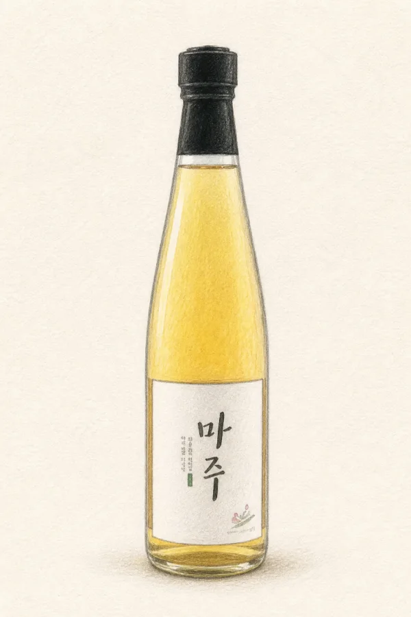 Maju Sogokju - Korean Traditional Drink, Chungcheongnam, 16% ABV, 500ml. Mosit leaf herbaceous, Biscuity wheat nuruk, Rounded chewy texture, Green dryness