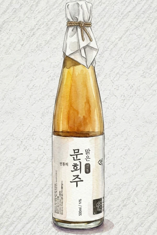 맑은 문희주 - 막걸리, 경북, 13% ABV, 750ml. 은은한 호두 향, 말린 배, 유기농 쌀의 깊이감, 절제된 크리미함