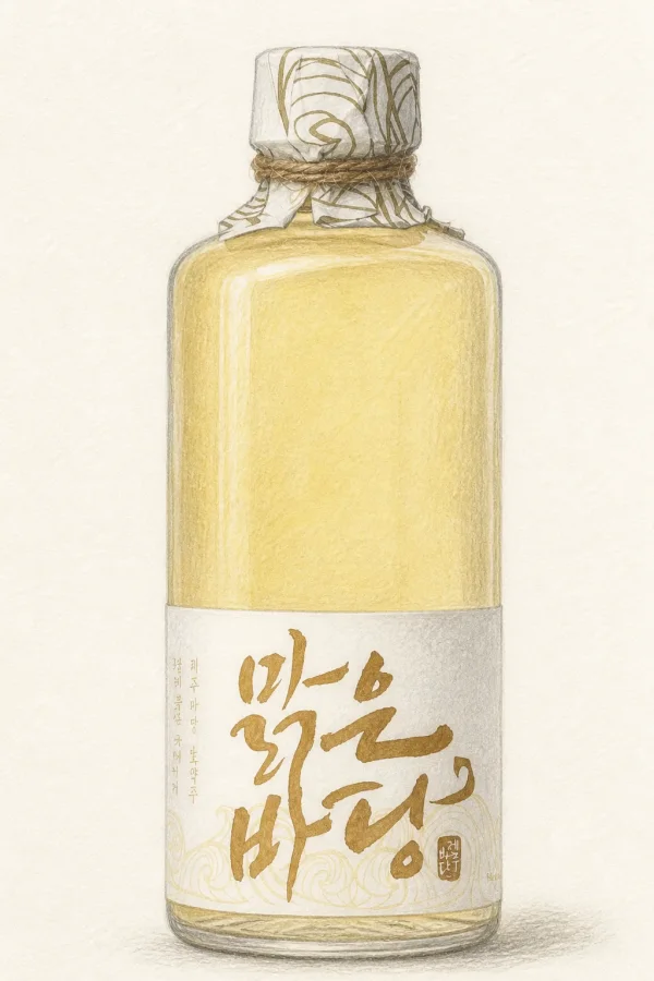 Malgeun Badang - Korean Cheongju, Jeju, 15% ABV, 375ml. Polished rice grain, Sea salt whisper, Steamed chestnut flash, Chalky dry finish