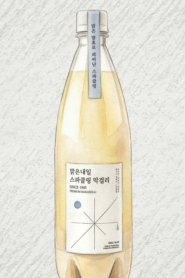 맑은내일 스파클링 막걸리 - 막걸리, 경남, 5% ABV, 750ml. 크리미한, 달콤한