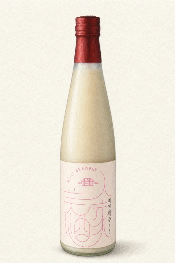 Beauty Takju - Korean Makgeolli, Gyeonggi, 10% ABV, 500ml. Toasted mochi aroma, Velvety amylopectin body, Warm rice-cake sweetness, Nuruk earthy savory anchor