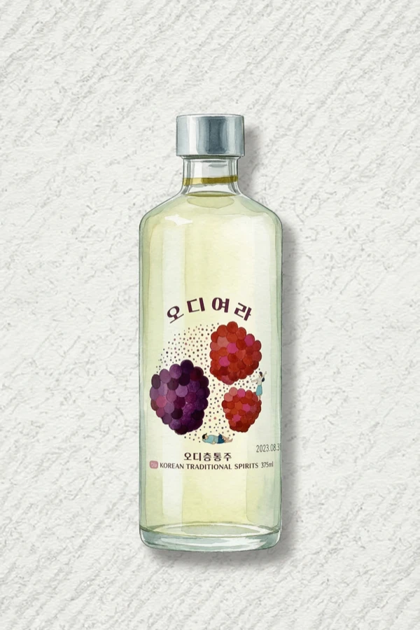 오디여라 - 소주, 전북, 25% ABV, 375ml. 깔끔한, 부드러운