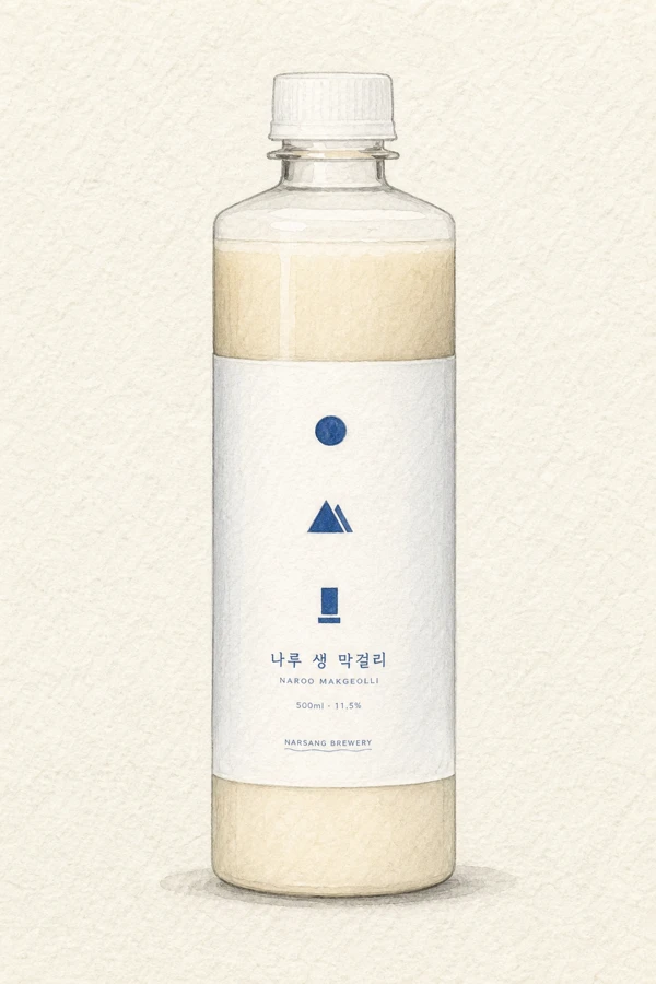 Naru Fresh Makgeolli 11.5do - Korean Makgeolli, Seoul, 11.5% ABV, 500ml. Yeasty, Honeyed grain