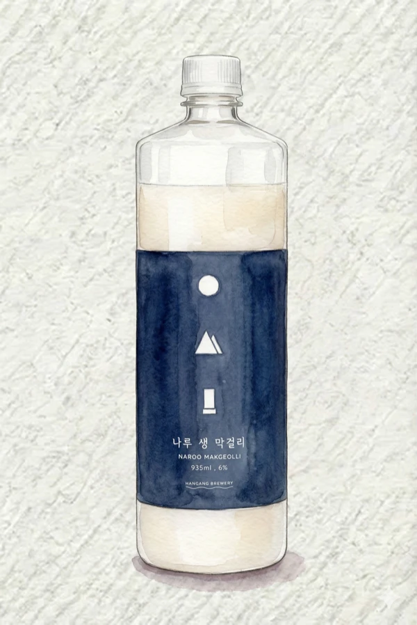 Naru Fresh Makgeolli 6do - Korean Makgeolli, Seoul, 6% ABV, 935ml. Light milky, Clean grain