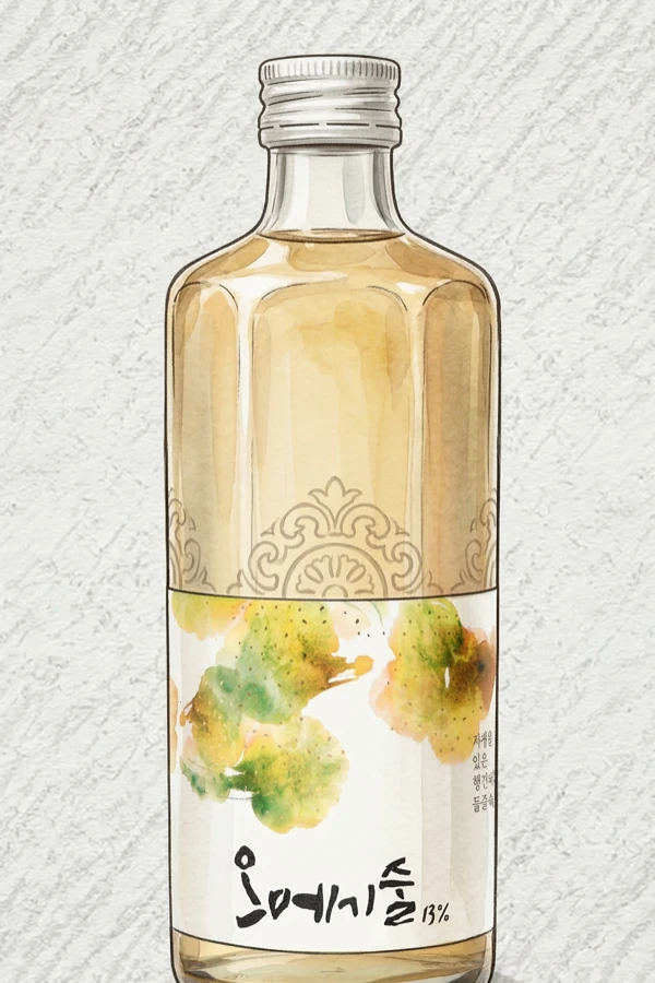オメギ酒 - 清酒（チョンジュ）, 済州（チェジュ）, 13% ABV, 375ml. 粟の香ばしさ, 火山土の土っぽさ, 竹の葉のような青々とした爽やかさ, 軽やかなボディ