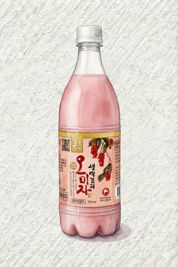 오미자 생막걸리 - 막걸리, 경북, 6.5% ABV, 750ml. 허브향, 신맛