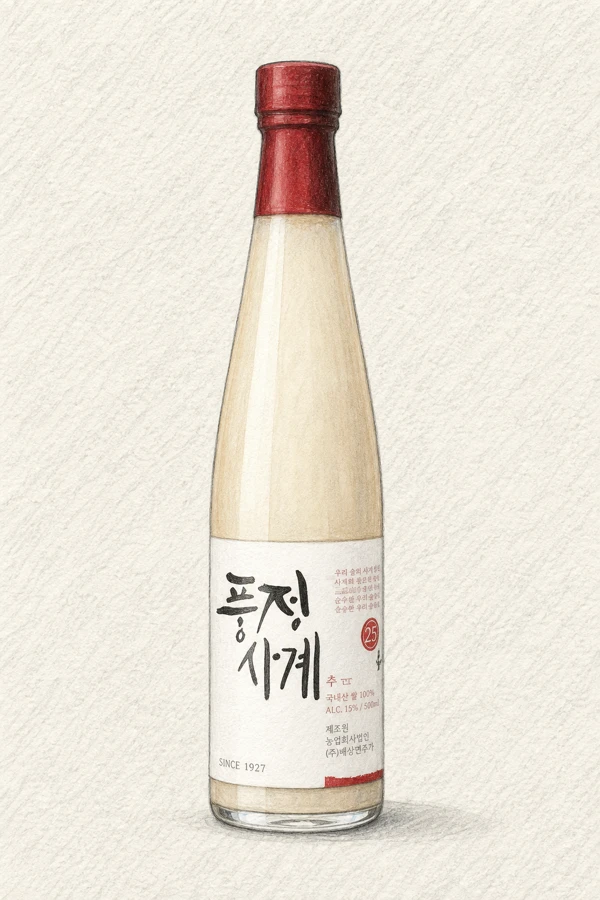 Pungjeong Sagye Autumn - Korean Makgeolli, Chungcheongbuk, 12% ABV, 500ml. Toasty, Dried persimmon