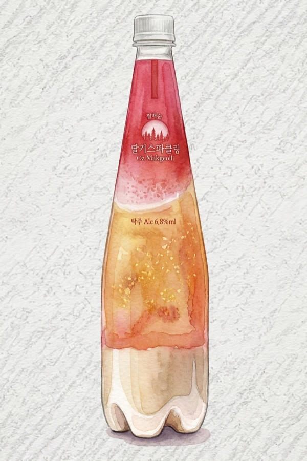 ピョンベクスプ 酸素マッコリ 苺スパークリング - マッコリ, 全羅南道（チョンナム）, 6.8% ABV, 940ml. 新鮮な雪香（ソルヒャン）イチゴ, ジューシーなベリーの酸味, ふんわり米クリームの下地, オリゴ糖のクリスピーな余韻