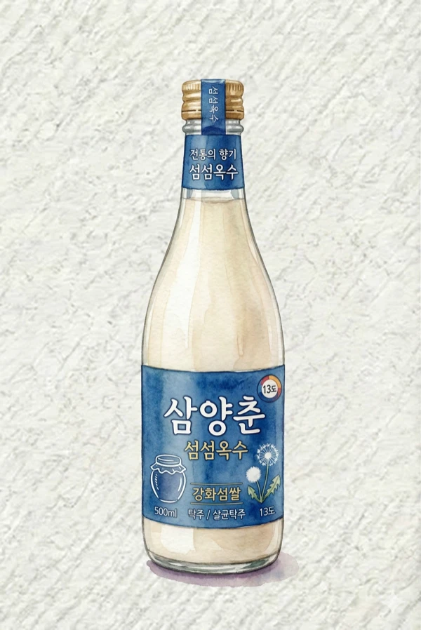Samyangchun Fresh Takju - Korean Makgeolli, Incheon, 12.5% ABV, 500ml. Ganghwa rice mineral edge, Bread-crust nuruk earthiness, Sea-breeze salinity whisper, Dense grain-heavy finish