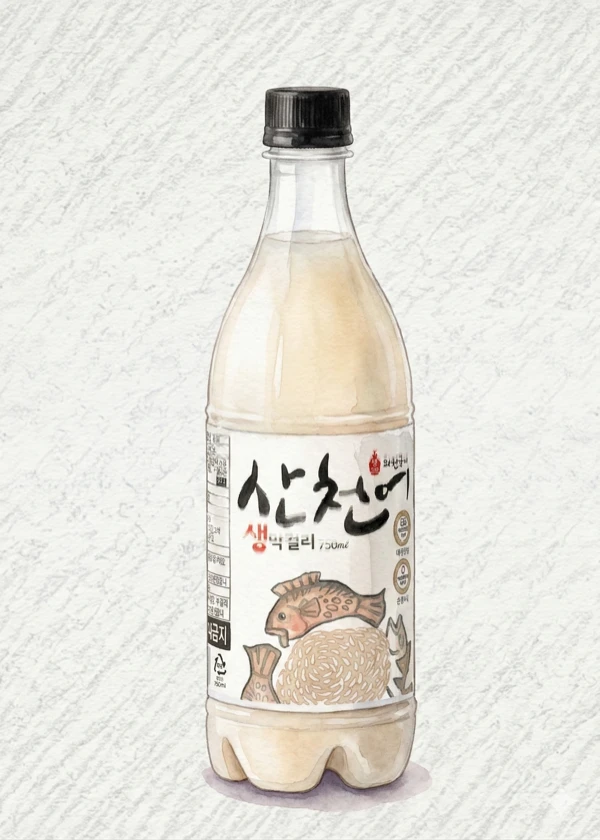 Sancheoneo Makgeolli - Korean Makgeolli, Gangwon, 6% ABV, 750ml. Marshmallow body, Enzymatic sweetness, Sourdough backbone, Airy puffed rice
