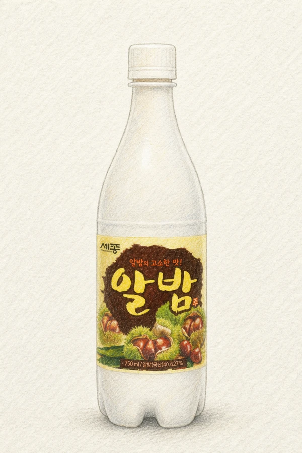 Sejong Chestnut Ju - Korean Makgeolli, Chungcheongbuk, 6% ABV, 750ml. Steamed chestnut caramel, Wheat-flour backbone, Rounded nut sweetness, Subtle lactic tartness on finish