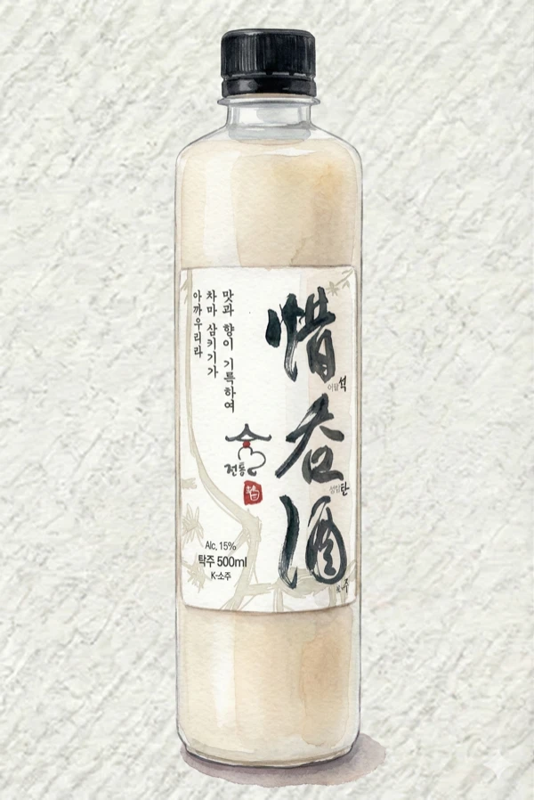 ソクタンジュ 濁酒 - マッコリ, 全羅北道（チョンブク）, 15% ABV, 500ml. 粘性のある, キャラメリゼされた